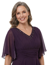 ChicSew V-Neck Flutter Sleeve Beaded Chiffon Floor Length A-Line Mother of the Bride Dress