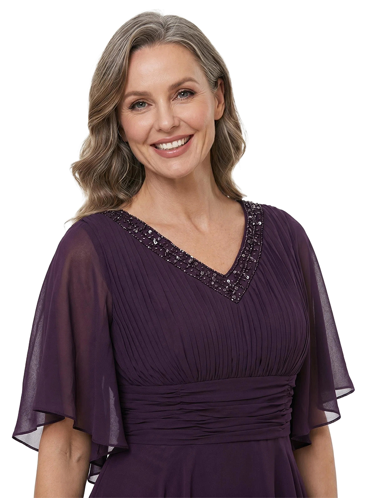 ChicSew V-Neck Flutter Sleeve Beaded Chiffon Floor Length A-Line Mother of the Bride Dress