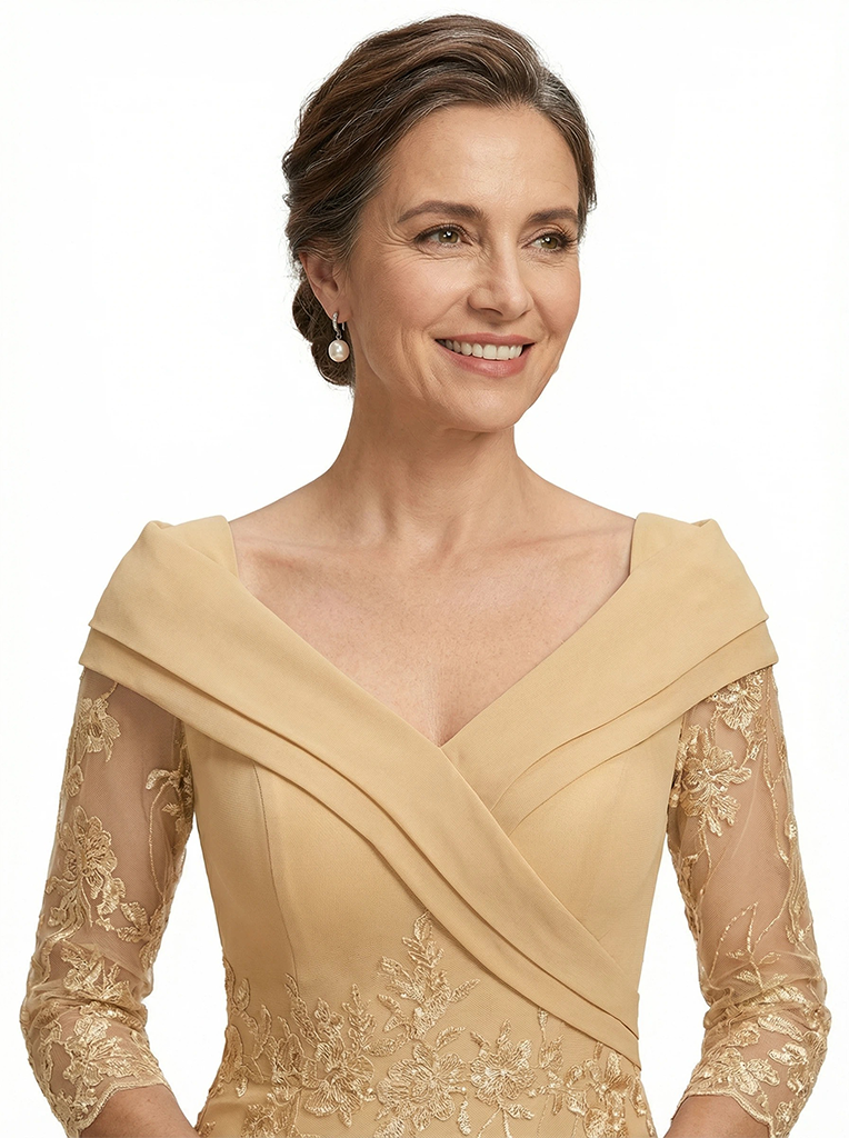 ChicSew Fancy Chiffon A-Line Lace Applique Mother Of The Groom Gown In Floor-Length With Long Sleeves