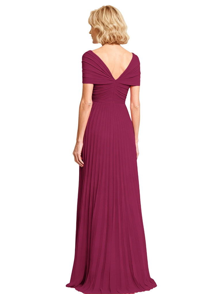 Elegant Chiffon V-neck Cap Sleeves A-line Side Slit Mother of The Bride Dresses