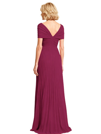 Elegant Chiffon V-neck Cap Sleeves A-line Side Slit Mother of The Bride Dresses