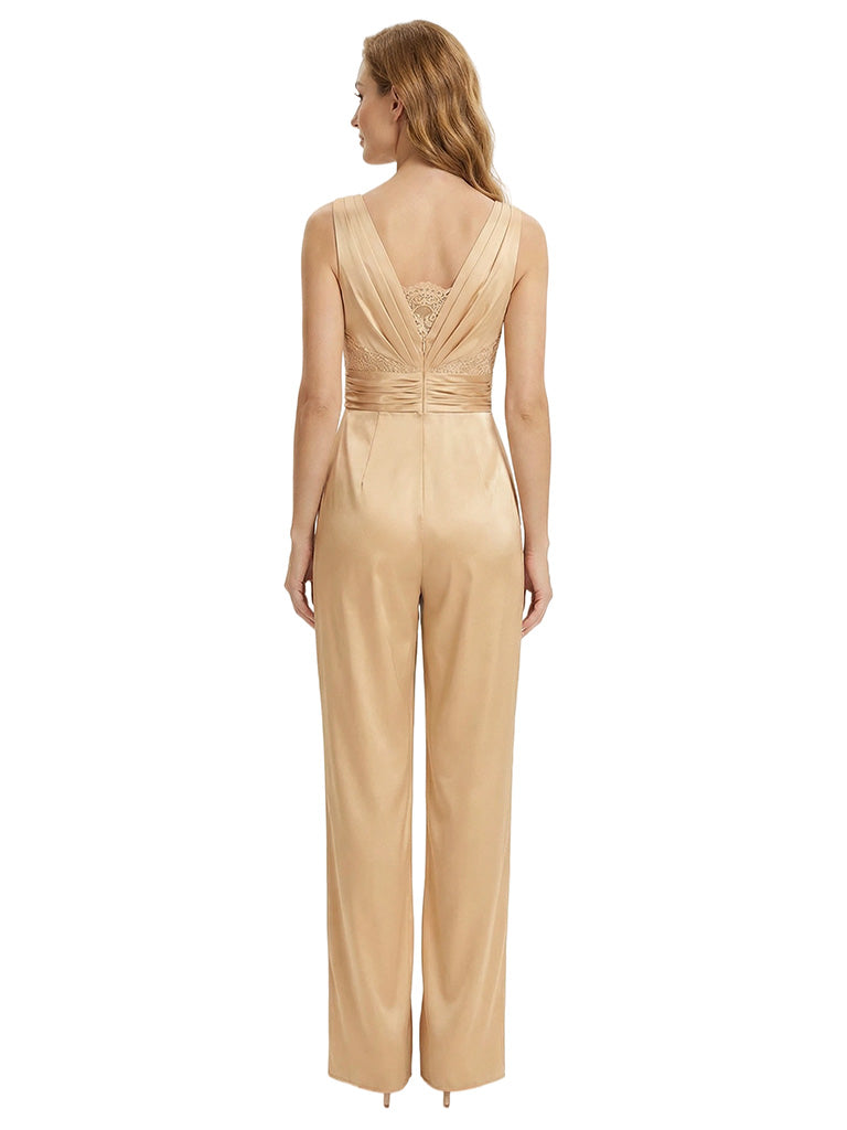 Beautiful V-Neck Lace Insert Satin Mother Of The Bride Pantsuits