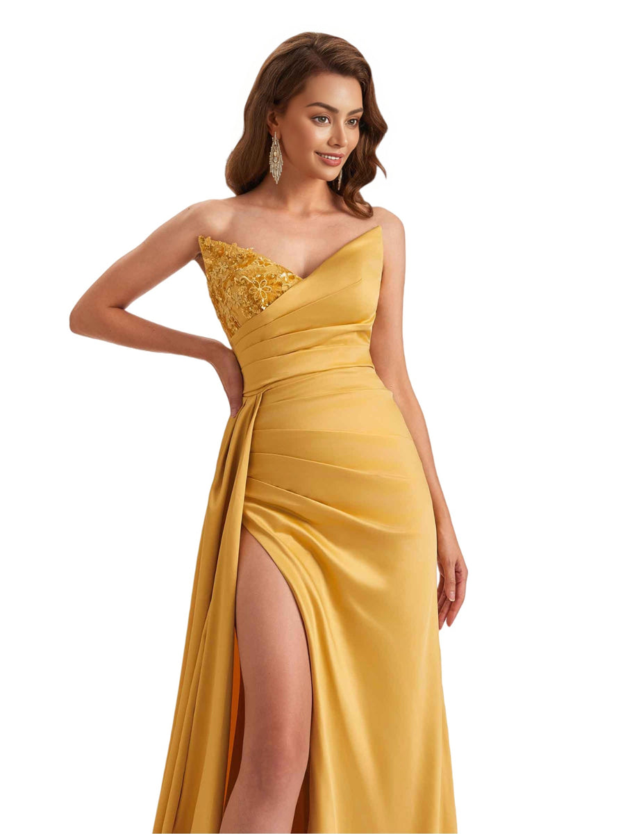 Unique Soft Satin Mermaid Sweetheart V-Neck Side Slit Long Bridesmaid Dresses Online