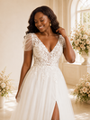 ChicSew Romantic V-Neck Short Sleeves Side Slit Tulle Maxi Wedding Dress With Lace Applique