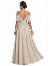 Elegant Cold Shoulder Side Slit Floral Burnout Chiffon Ruched A-Line Long Formal Evening Dresses