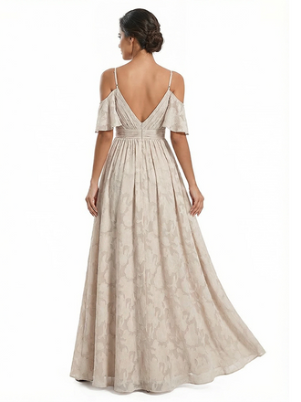 Elegant Cold Shoulder Side Slit Floral Burnout Chiffon Ruched A-Line Long Formal Evening Dresses