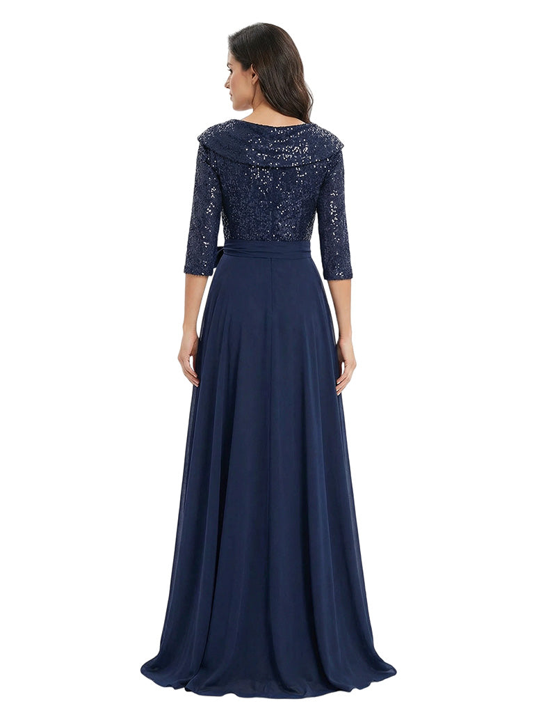 Fancy Sequin Top V-Neck Flowy Chiffon A-Line Mother Of The Bride Dress With Sleeve