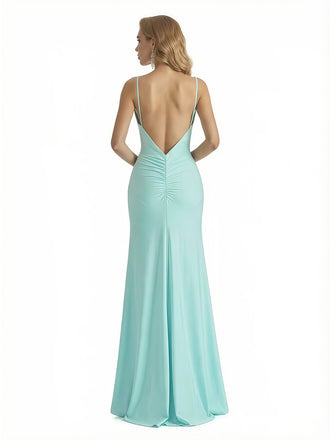 Sexy Spaghetti Straps Mermaid Jersey Long Formal Dresses For Ladies Side Slit
