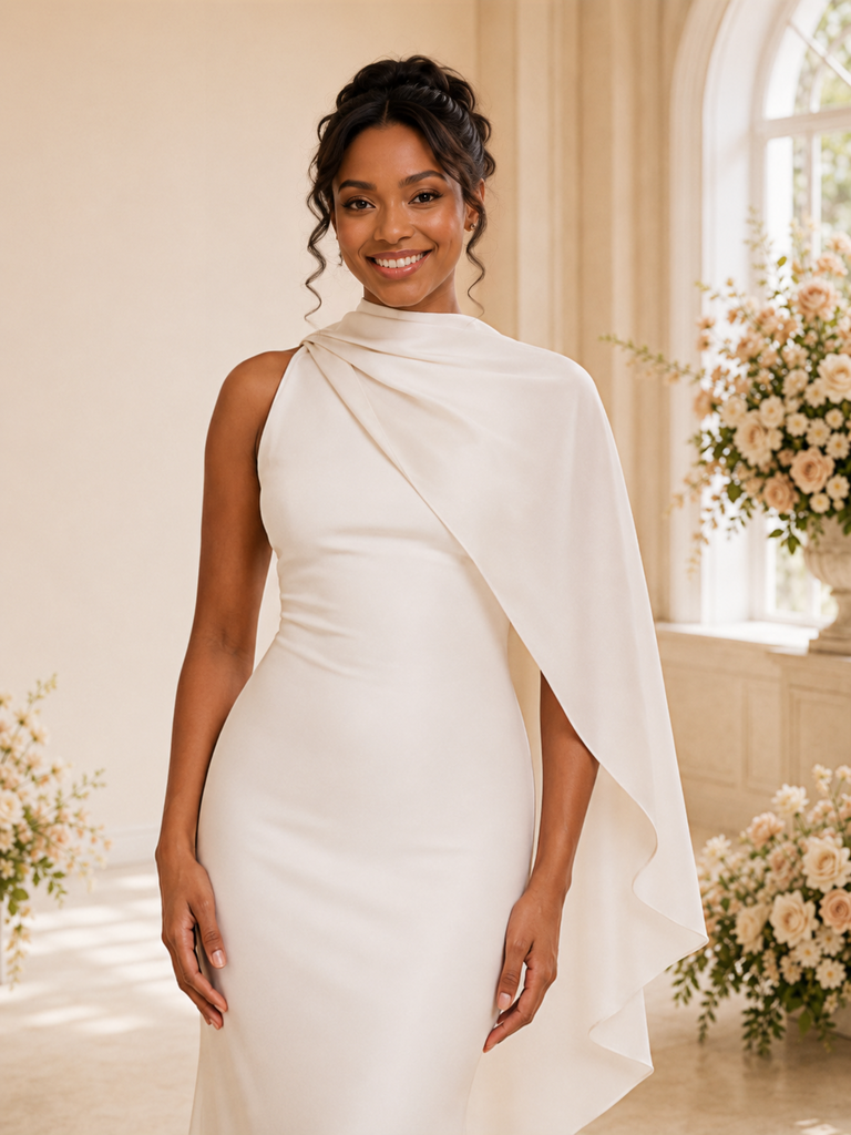 ChicSew Unique Sleeveless Satin Mermaid Floor-Length Wedding Dress With Cape
