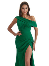 Elegant Asymmetrical One Shoulder Side Split Mermaid Crepe Long Bridesmaid Dresses