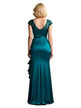 Classy Satin Lace Cap Sleeves Side Slit Evening Gown For Mother Of The Bride With Ruffle