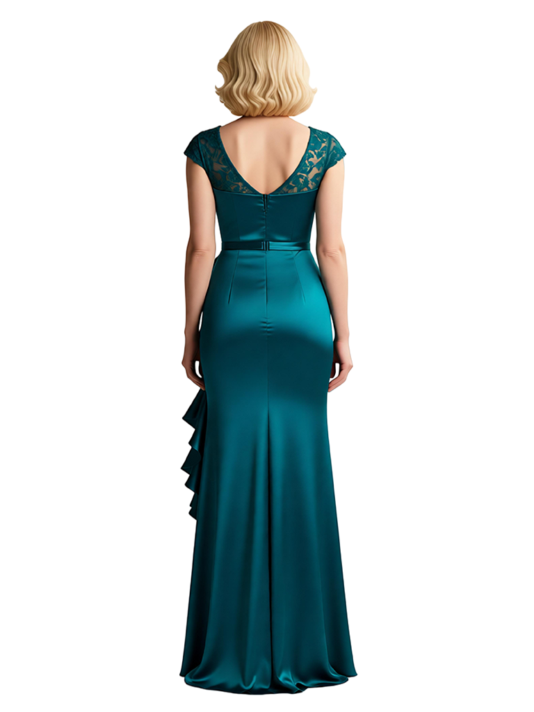 Classy Satin Lace Cap Sleeves Side Slit Evening Gown For Mother Of The Bride With Ruffle