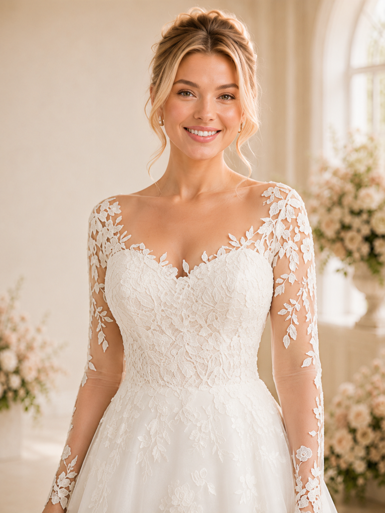 ChicSew Classy V-Neck Long Sleeves Lace Tulle A-Line Maxi Long Wedding Dress