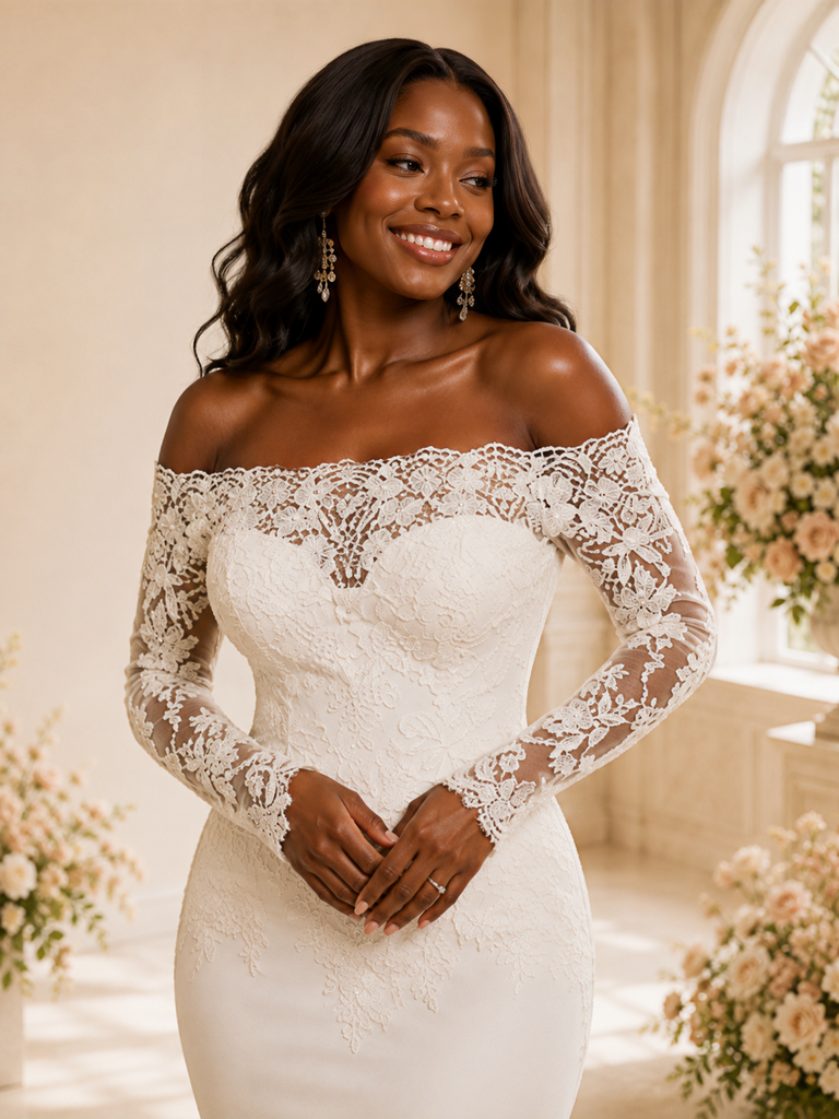 ChicSew Unique Modern Off The Shoulder Long Sleeves Lace Crepe Mermaid Maxi Wedding Dress