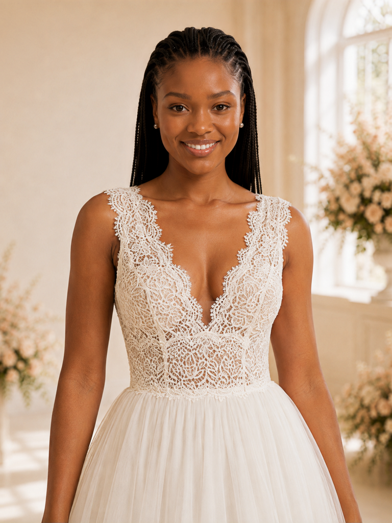 ChicSew Modern A-Line V-Neck Spaghetti Straps Lace Tulle Long Wedding Dress