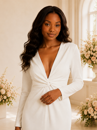 ChicSew Modern Mermaid Deep V-Neck Long Sleeves Crepe Maxi Wedding Dress