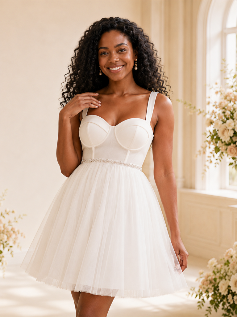 ChicSew Fancy Sweetheart Spaghetti Straps A-Line Tulle Knee-Length Wedding Dress