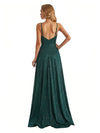 Sexy V-Neck Spaghetti Straps A-Line Glitter Jersey Maxi Formal Evening Dresses For Women