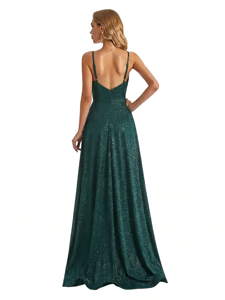 Sexy V-Neck Spaghetti Straps A-Line Glitter Jersey Maxi Formal Evening Dresses For Women