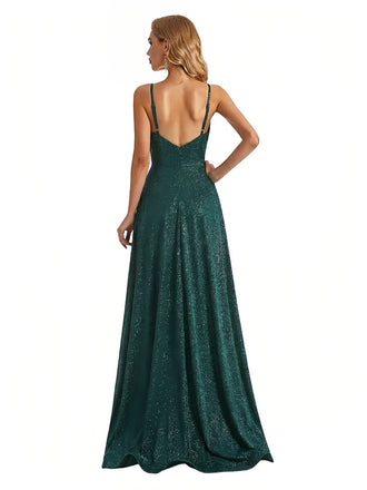 Sexy V-Neck Spaghetti Straps A-Line Glitter Jersey Maxi Formal Evening Dresses For Women