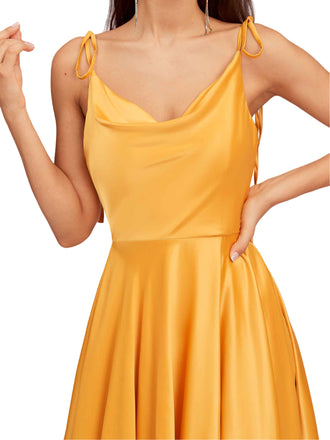 Sexy Side Slit Spaghetti Straps A-Line Soft Satin Pretty Long Bridesmaid Dresses