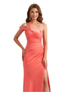 Morden Silky Satin One Shoulder Mermaid Side Slit Ruched Long Bridesmaid Dresses Online