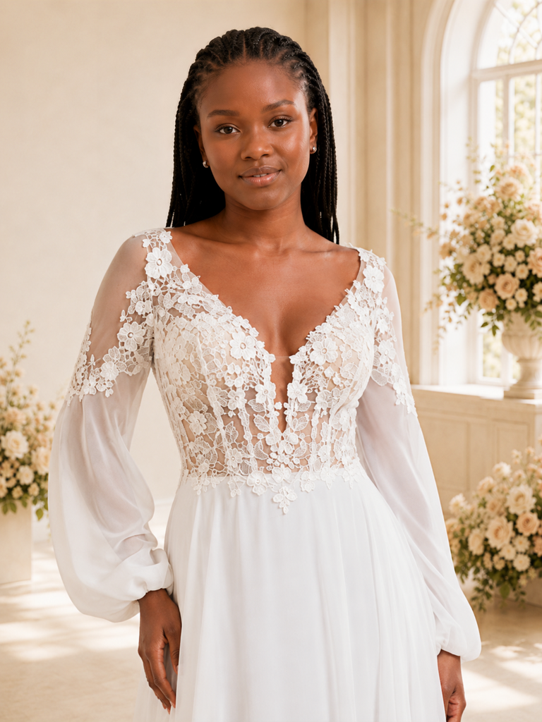 ChicSew Fancy V-Neck Long Sleeves Chiffon A-Line Maxi Wedding Dress With Lace Applique