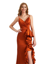 Elegant Spaghetti Straps Ruffles Silky Satin Side Slit Mermaid Boho Long Bridesmaid Dresses