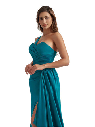 Elegant One Shoulder Mermaid Ruched Satin Chic Long Bridesmaid Dresses Slit Online