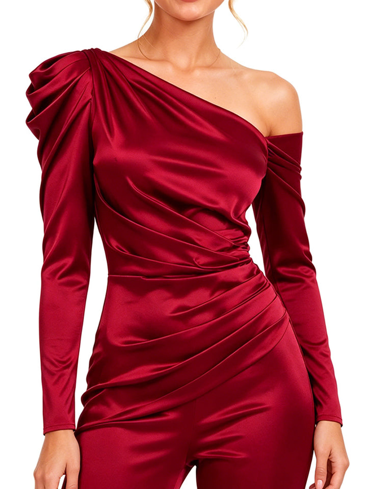 ChicSew Modern One Shoulder Long Sleeve Soft Satin Bridesmaid Jumpsuit With Ruched Design