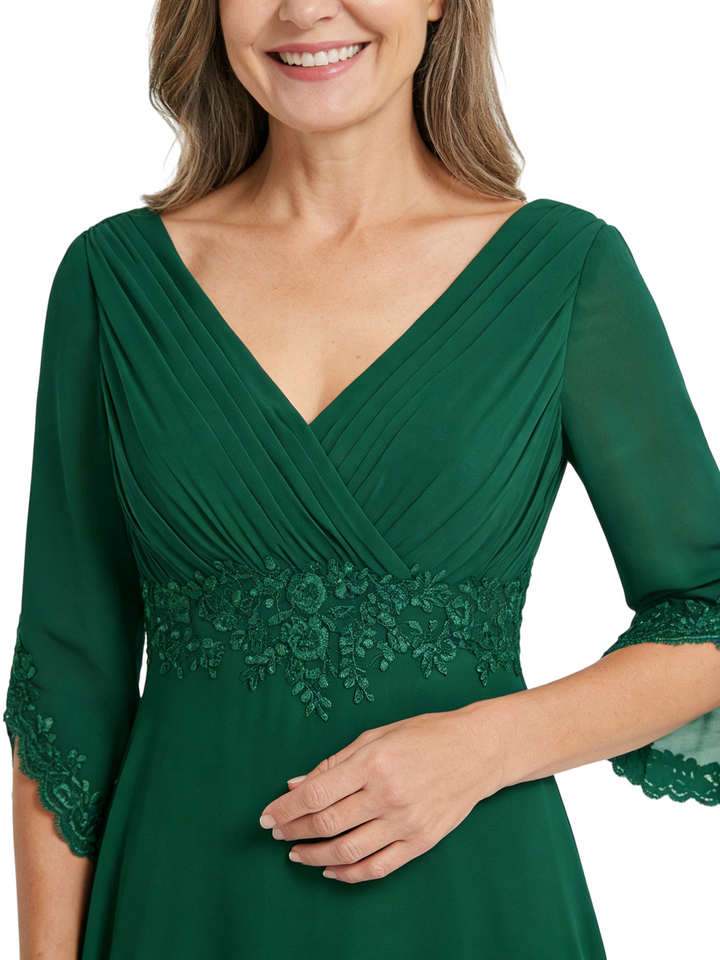 ChicSew V-Neck Long Sleeve Lace Ruched Waist Long Chiffon Elegant Mother of the Bride Dresses
