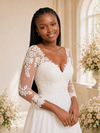 ChicSew Elegant V-Neck Lace Applique Chiffon A-Line 3/4 Sleeves Maxi Wedding Dress