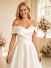 ChicSew Simple Off The Shoulder A-Line Sleeveless Satin Tea-Length Wedding Dresses