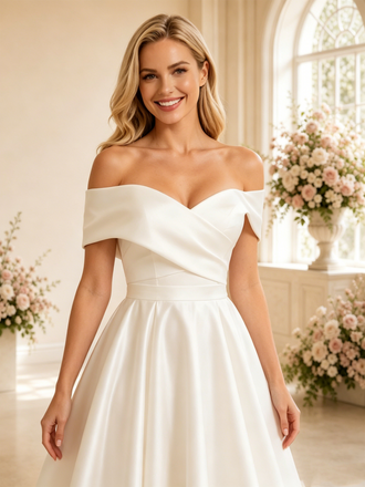 ChicSew Simple Off The Shoulder A-Line Sleeveless Satin Tea-Length Wedding Dresses