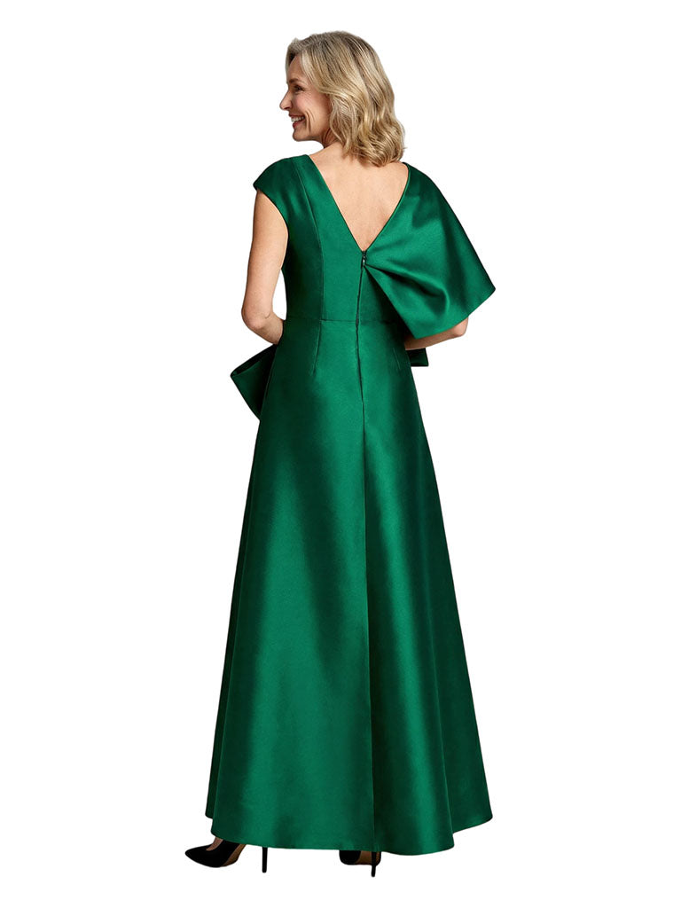 V-Neck A-Line Satin Mother Of The Bride Dress Cape Sleeves Maxi Gown