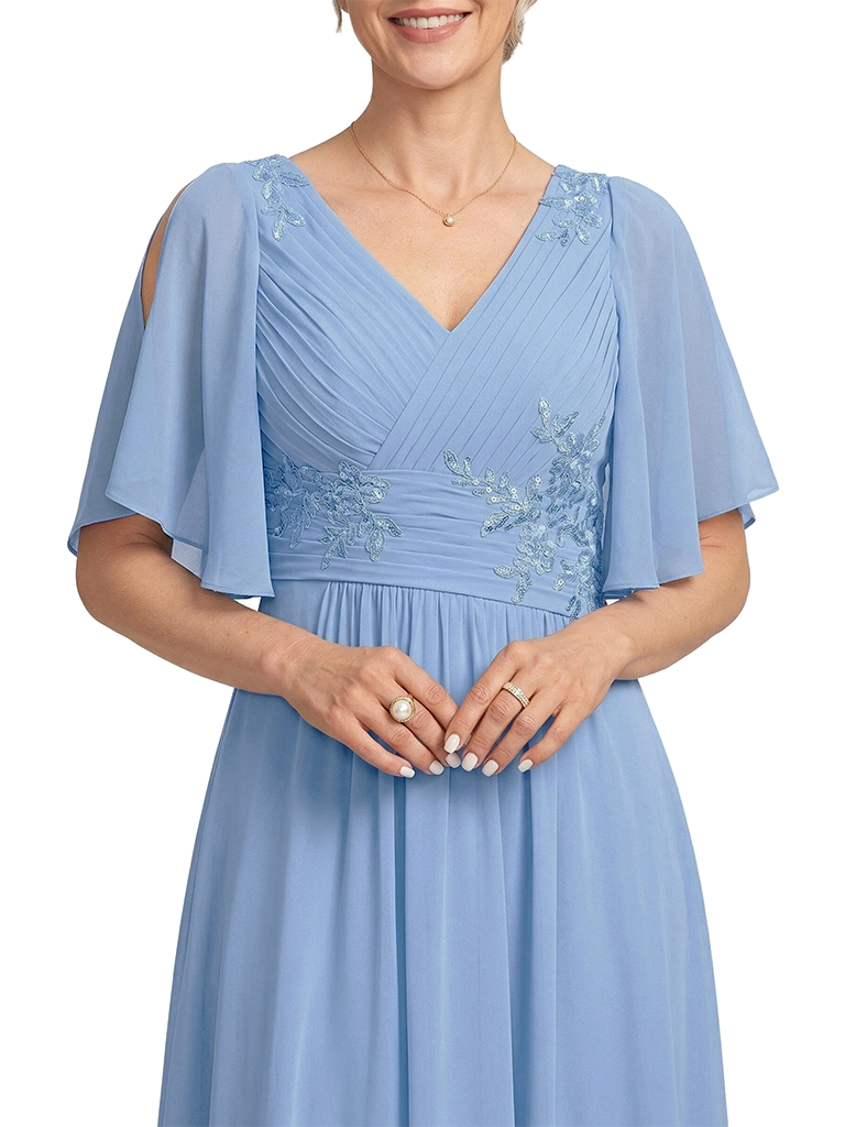 ChicSew Beautiful V-Neck Chiffon Mother Of The Bride Gown With Flutter Sleeves Lace Applique