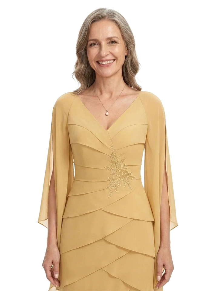 ChicSew Classy Tiered Chiffon Mother Of The Bride Dresses With V-Neck And Cape Sleeves