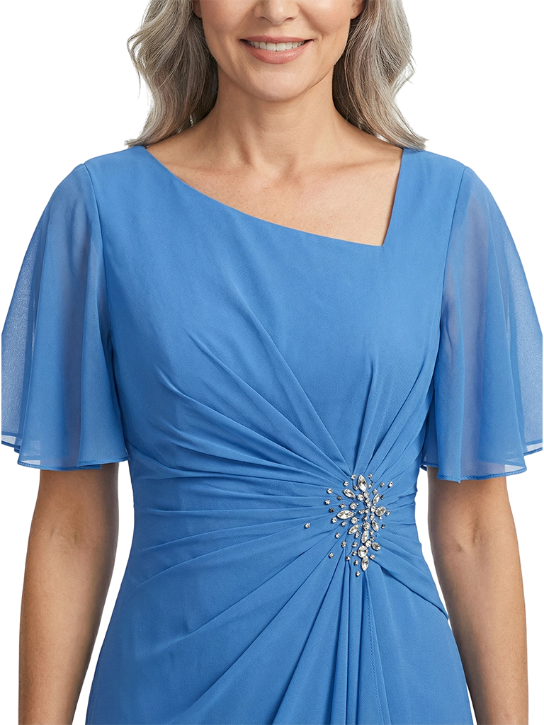 ChicSew Asymmetric Neckline Short Sleeves A-Line Floor Length Chiffon Fancy Mother of the Bride Dresses