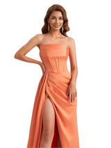 Sexy Strapless Mermaid Soft Satin Side Slit Pretty Long Bridesmaid Dresses Online