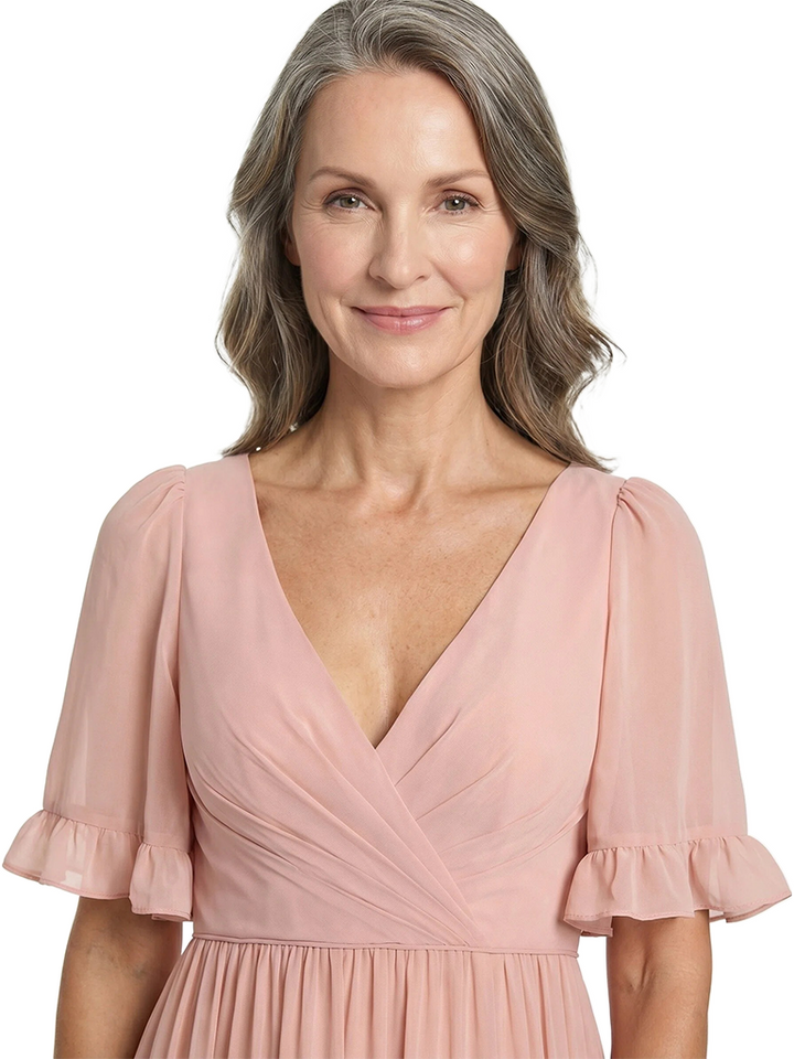 ChicSew Beautiful V-Neck Chiffon Mother Of The Bride Dress With Flutter Sleeves & Slit