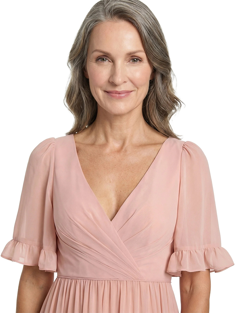 ChicSew Beautiful V-Neck Chiffon Mother Of The Bride Dress With Flutter Sleeves & Slit