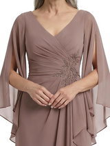 ChicSew Unique V-Neck Ruffle Chiffon Mother Of The Bride Dresses Long Sleeves Sheath Gown