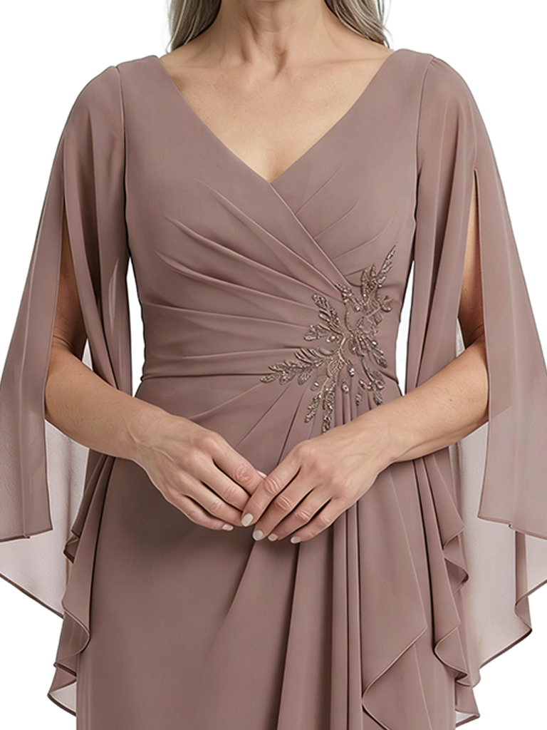 ChicSew Unique V-Neck Ruffle Chiffon Mother Of The Bride Dresses Long Sleeves Sheath Gown
