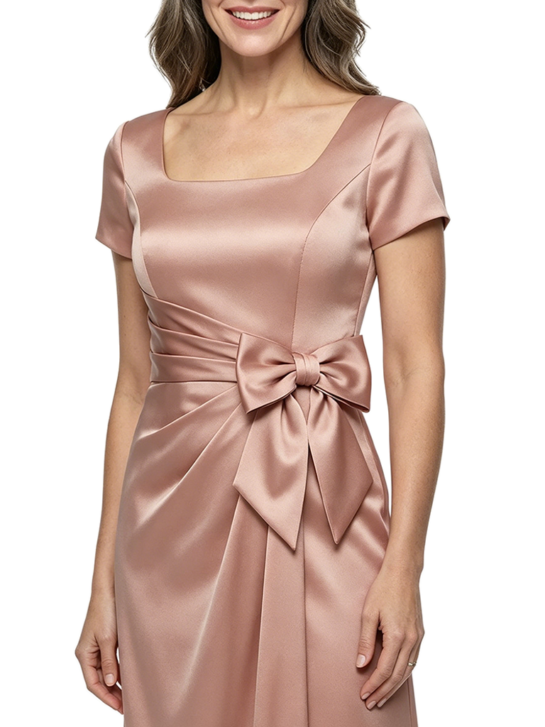 ChicSew Fancy Square Short Sleeves Ruched Bow Knot Satin Mermaid Mother Of The Groom Evening Gowns
