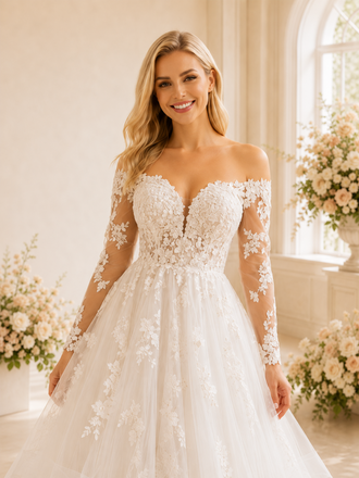 ChicSew Modern A-Line Lace Tulle V-Neck Long Sleeves Tiered Maxi Wedding Dresses