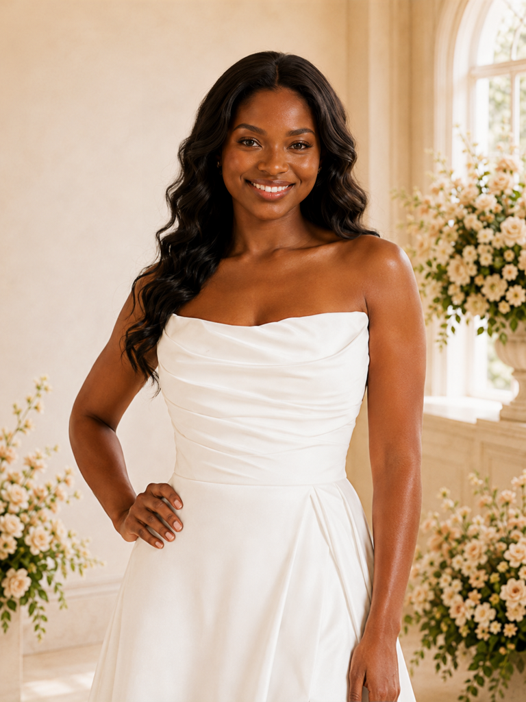 ChicSew Fancy Simple Strapless Ruching Side Slit A-Line Satin Maxi Wedding Dress