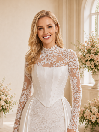 ChicSew Classic High Neck Satin Mermaid Long Sleeves Lace Applique Maxi Wedding Dresses With Overskirt