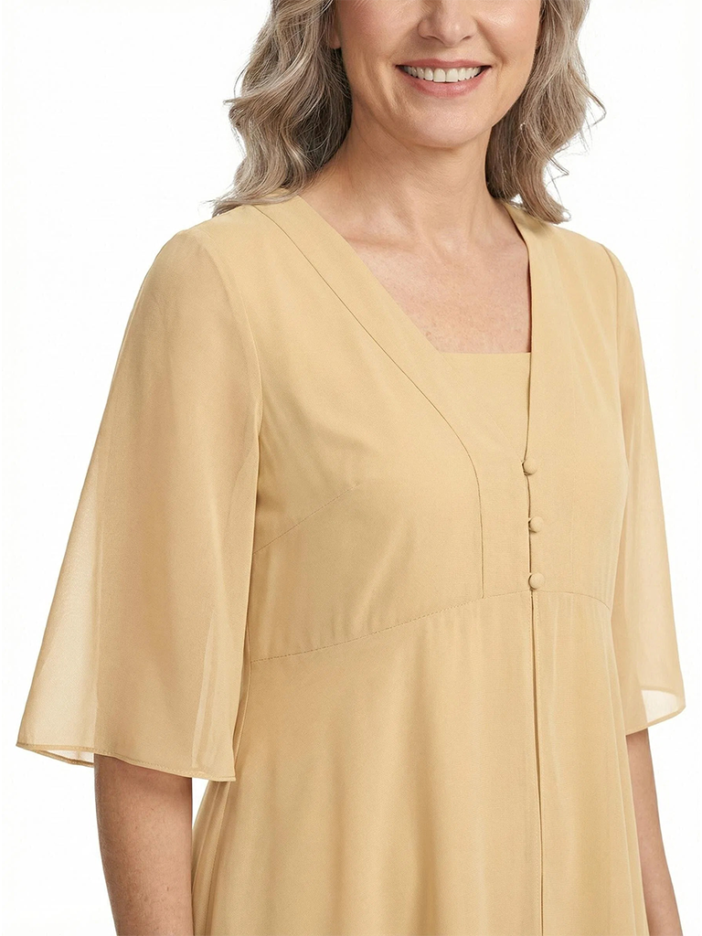 ChicSew V-Neck Chiffon Mother of The Bride Dress A-Line Tea-Length Gown Button Detail