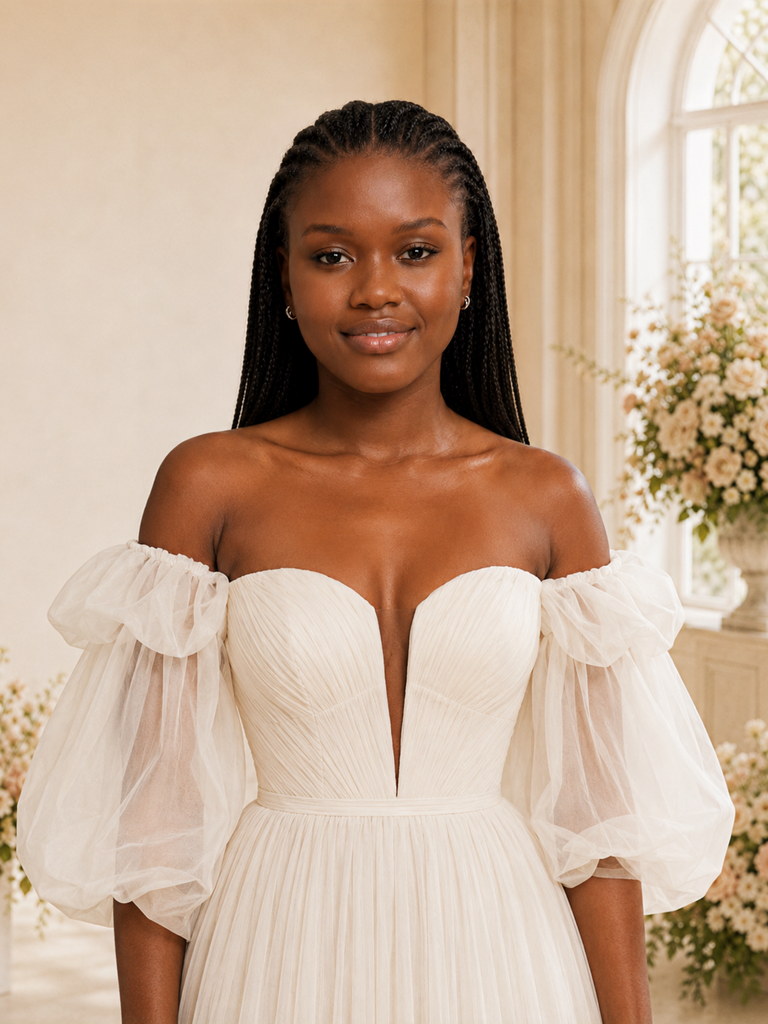 ChicSew Mondern Strapless Puff Sleeves A-Line Tulle Maxi Wedding Dress