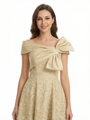 ChicSew Modern Tea-Length Lace Applique Mother Of The Groom Dress With Satin Bow Shoulder